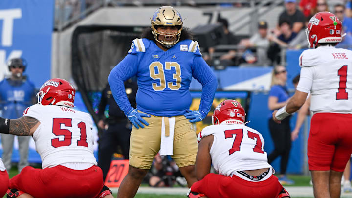 Nov 30, 2024; Pasadena, California, USA; UCLA Bruins defensive lineman Jay Toia (93) during the second quarter against the Fresno State Bulldogs at Rose Bowl. Mandatory Credit: Robert Hanashiro-Imagn Images Nov 30, 2024; Pasadena, California, USA; UCLA Bruins defensive lineman Jay Toia (93) during the second quarter against the Fresno State Bulldogs at Rose Bowl. Mandatory Credit: Robert Hanashiro-Imagn Images