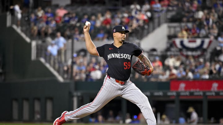 Minnesota Twins relief pitcher Jhoan Duran (59) pitches against the Texas Rangers during the tenth inning at Globe Life Field on Aug 18.