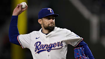 Texas Rangers starting pitcher Nathan Eovaldi (17) pitches against the Arizona Diamondbacks during the fourth inning at Globe Life Field. 