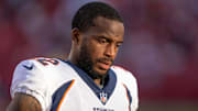 August 19, 2023; Santa Clara, California, USA; Denver Broncos safety Kareem Jackson (22) during halftime against the San Francisco 49ers at Levi's Stadium. 
