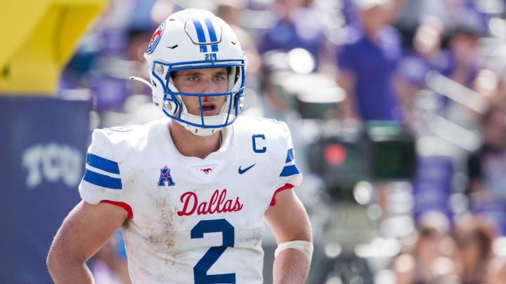 Sep 23, 2023; Fort Worth, Texas, USA; SMU Mustangs quarterback Preston Stone. 