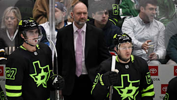 Apr 3, 2025; Dallas, Texas, USA; Dallas Stars head coach Pete DeBoer looks on during the first period against the Nashville Predators at the American Airlines Center. Mandatory Credit: Jerome Miron-Imagn Images