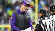 Dec 22, 2024; Seattle, Washington, USA; Minnesota Vikings head coach Kevin O'Connell reacts to a penalty for the Seattle Seahawks during the second quarter at Lumen Field. Mandatory Credit: Joe Nicholson-Imagn Images
