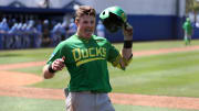 May 31, 2024; Santa Barbara, CA, USA;  Oregon outfielder Bryce Boettcher (28) reacts after hitting a solo home run in top of the eleventh inning of an NCAA Baseball Santa Barbara Regional against the San Diego at Caesar Uyesaka Stadium. Mandatory Credit: Kiyoshi Mio-USA TODAY Sports