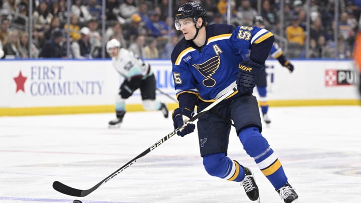 Apr 14, 2024; St. Louis, Missouri, USA; St. Louis Blues defenseman Colton Parayko (55) skates against the Seattle Kraken during the second period at Enterprise Center. Mandatory Credit: Jeff Le-USA TODAY Sports