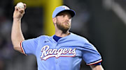 Sep 21, 2025; Arlington, Texas, USA; Texas Rangers starting pitcher Merrill Kelly (23) throws the ball during the first inning against the Miami Marlins at Globe Life Field. Mandatory Credit: Jerome Miron-Imagn Images