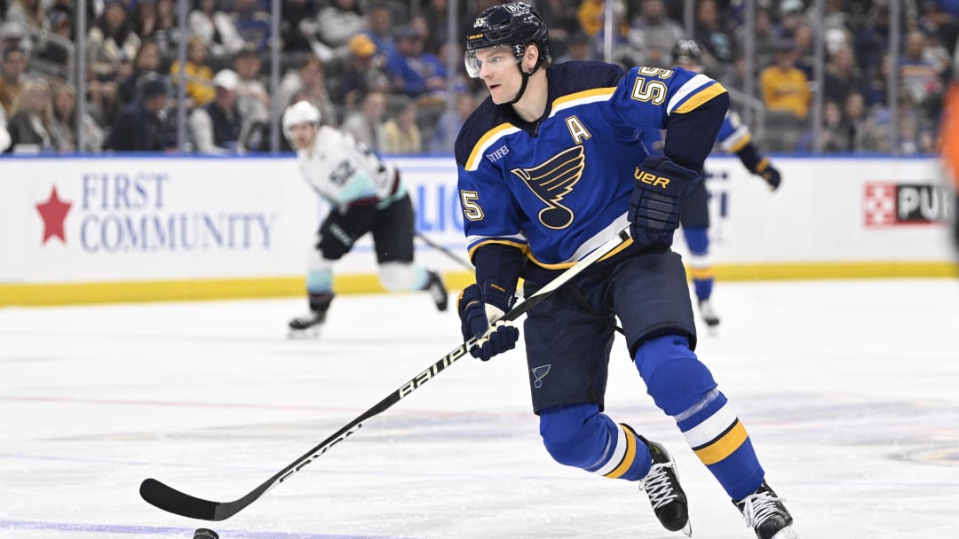 Apr 14, 2024; St. Louis, Missouri, USA; St. Louis Blues defenseman Colton Parayko (55) skates against the Seattle Kraken during the second period at Enterprise Center. Mandatory Credit: Jeff Le-USA TODAY Sports