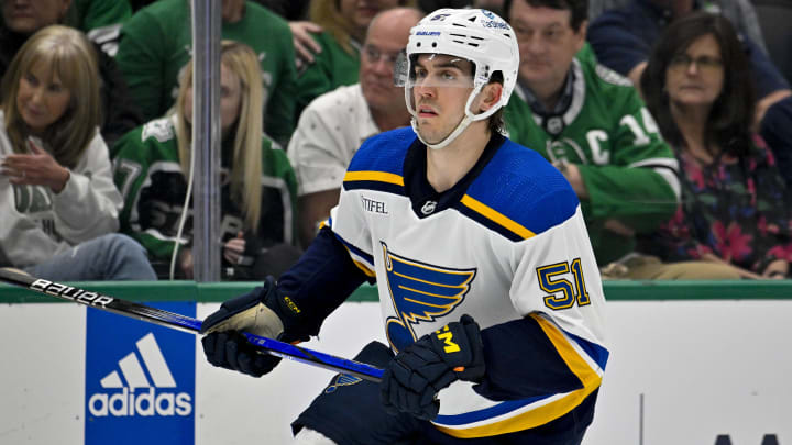 Apr 17, 2024; Dallas, Texas, USA; St. Louis Blues defenseman Matthew Kessel (51) skates against the Dallas Stars during the third period at the American Airlines Center. Mandatory Credit: Jerome Miron-USA TODAY Sports