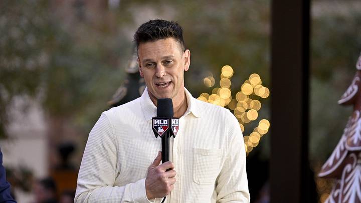 Dec 9, 2024; Dallas, TX, USA; Miami Marlins president of baseball operations Jerry Dipoto speaks with the MLB Network at the Hilton Anatole during the 2024 MLB Winter Meetings. Mandatory Credit: Jerome Miron-Imagn Images