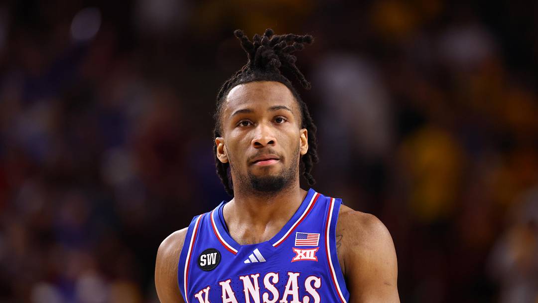 Mar 3, 2026; Tempe, Arizona, USA; Kansas Jayhawks guard Darryn Peterson (22) against the Arizona State Sun Devils at Desert Financial Arena. Mandatory Credit: Mark J. Rebilas-Imagn Images