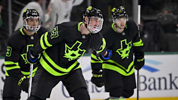 Feb 2, 2025; Dallas, Texas, USA; Dallas Stars left wing Mason Marchment (27) and center Mavrik Bourque (22) and defenseman Matt Dumba (3) celebrate a goal during the game between the Dallas Stars and the Columbus Blue Jackets at American Airlines Center. Mandatory Credit: Jerome Miron-Imagn Images