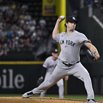 New York Yankees starting pitcher Gerrit Cole (45) pitches against the Texas Rangers during the first inning at Globe Life Field on Sept 2.