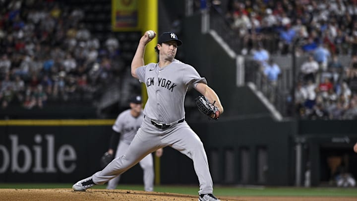 New York Yankees starting pitcher Gerrit Cole (45) pitches against the Texas Rangers during the first inning at Globe Life Field on Sept 2.