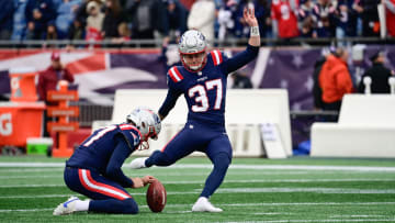 Dec 17, 2023; Foxborough, Massachusetts, USA; New England Patriots place kicker Chad Ryland (37) and punter Bryce Baringer (17)  warm up before a game against the Kansas City Chiefs at Gillette Stadium. Mandatory Credit: Eric Canha-USA TODAY Sports