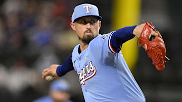 Sep 7, 2025; Arlington, Texas, USA; Texas Rangers relief pitcher Shawn Armstrong (43) pitches against the Houston Astros during the ninth inning at Globe Life Field. Mandatory Credit: Jerome Miron-Imagn Images