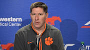 Feb 22, 2025; Dallas, Texas, USA; Clemson Tigers head coach Brad Brownell speaks to the media after the game between the SMU Mustangs and the Clemson Tigers at Moody Coliseum. 