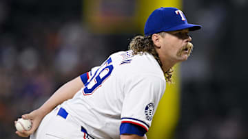 Aug 7, 2024; Arlington, Texas, USA; Texas Rangers relief pitcher Andrew Chafin (59) in action during the game between the Texas Rangers and the Houston Astros at Globe Life Field. Mandatory Credit: Jerome Miron-Imagn Images