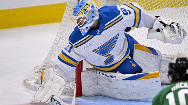 Feb 4, 2026; Dallas, Texas, USA; St. Louis Blues goaltender Jordan Binnington (50) fd during the first period at the American Airlines Center. Mandatory Credit: Jerome Miron-Imagn Images