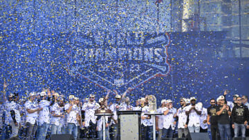 Nov 3, 2023; Arlington, TX, USA; A view of the Texas Rangers team as the confetti flies during the