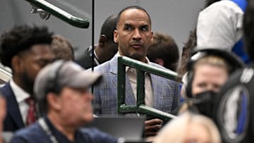 Apr 9, 2025; Dallas, Texas, USA; Dallas Mavericks general manger Nico Harrison look on during the third quarter against the Los Angeles Lakers at the American Airlines Center. Mandatory Credit: Jerome Miron-Imagn Images
