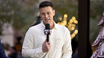 Dec 9, 2024; Dallas, TX, USA; Miami Marlins president of baseball operations Jerry Dipoto speaks with the MLB Network at the Hilton Anatole during the 2024 MLB Winter Meetings. Mandatory Credit: Jerome Miron-Imagn Images