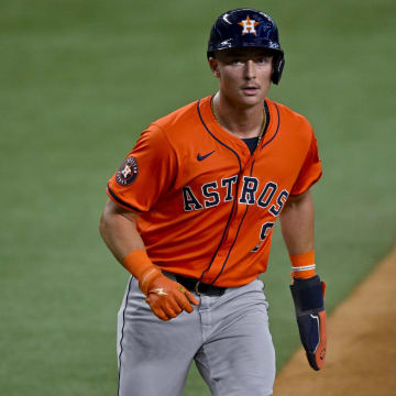 Aug 7, 2024; Arlington, Texas, USA;  Houston Astros first baseman Zach Dezenzo (9 looks on during the second inning against the Texas Rangers at Globe Life Field