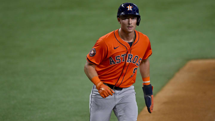 Aug 7, 2024; Arlington, Texas, USA;  Houston Astros first baseman Zach Dezenzo (9 looks on during the second inning against the Texas Rangers at Globe Life Field