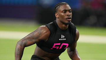 Georgia defensive back Malaki Starks (DB50) participates in drills during the 2025 NFL Combine at Lucas Oil Stadium.
