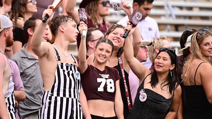 Mississippi State Bulldogs fans cheer during the game against the Eastern Kentucky Colonels at Davis Wade Stadium at Scott Field. The Bulldogs may not be at home, but there could still be plenty to celebrate late Saturday night.