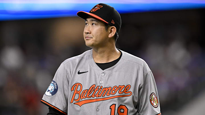 Jul 2, 2025; Arlington, Texas, USA; Baltimore Orioles starting pitcher Tomoyuki Sugano (19) comes off the field after he pitches against the Texas Rangers during the second inning at Globe Life Field