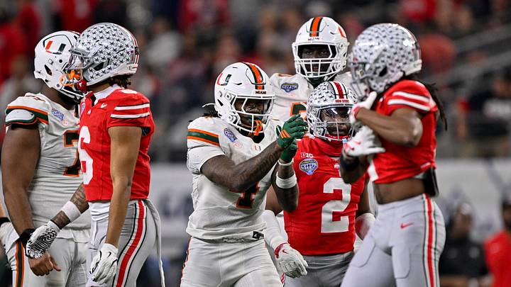 Dec 31, 2025; Arlington, TX, USA; Miami Hurricanes running back Mark Fletcher Jr. (4) celebrates during the 2025 Cotton Bowl and quarterfinal game of the College Football Playoff at AT&T Stadium. Mandatory Credit: Jerome Miron-Imagn Images