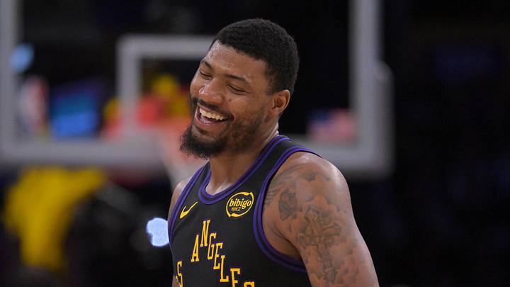 Apr 21, 2026; Los Angeles, California, USA; Los Angeles Lakers guard Marcus Smart (36) smiles on the court during the second half of game two of the first round of the 2026 NBA Playoffs against the Houston Rockets at Crypto.com Arena. Mandatory Credit: Jayne Kamin-Oncea-Imagn Images