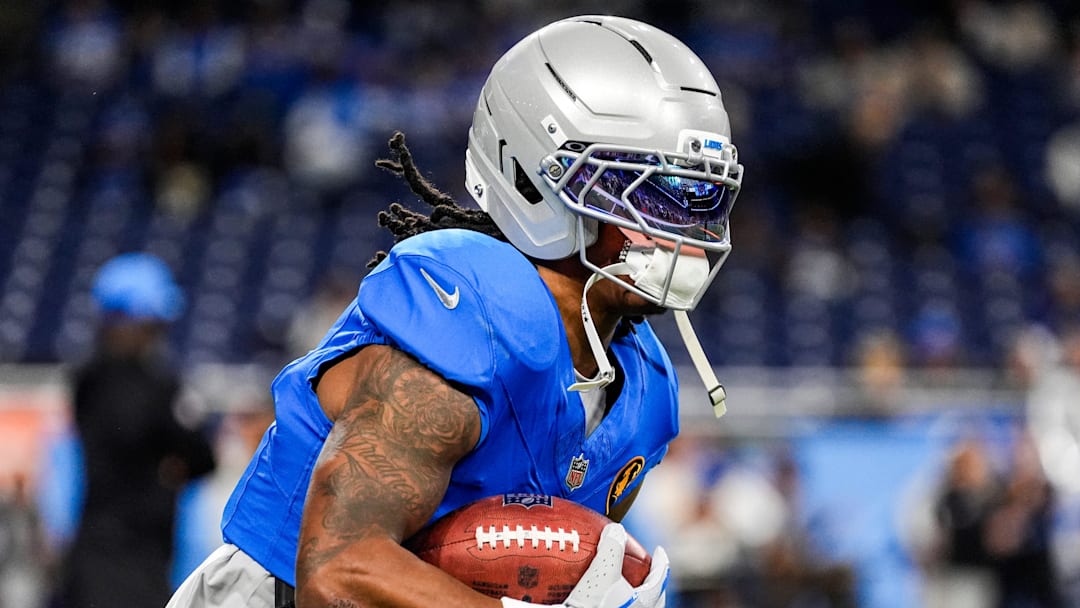 Detroit Lions running back Jahmyr Gibbs (0).