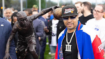 Apr 12, 2024; Camden, NJ, USA; Philadelphia 76ers great Allen Iverson during the unveiling of the statue honoring him in a ceremony at the Philadelphia 76ers Training Complex. Mandatory Credit: Bill Streicher-Imagn Images