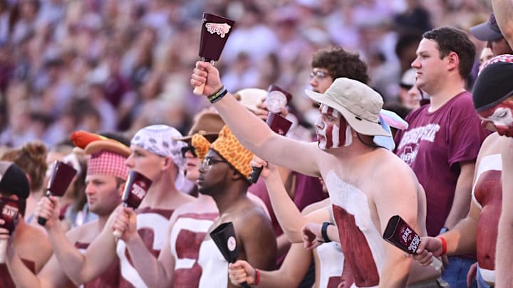 Mississippi State Bulldogs fans cheer during the first quarter of the game against the Toledo Rockets at Davis Wade Stadium at Scott Field.