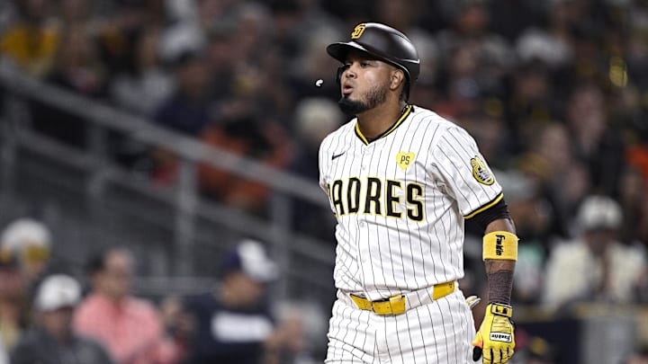 San Diego Padres designated hitter Luis Arraez (4) spits out his gum after striking out to end the second inning against the Houston Astros at Petco Park on Sept 16.