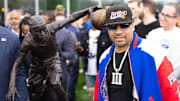Apr 12, 2024; Camden, NJ, USA; Philadelphia 76ers great Allen Iverson during the unveiling of the statue honoring him in a ceremony at the Philadelphia 76ers Training Complex. Mandatory Credit: Bill Streicher-Imagn Images