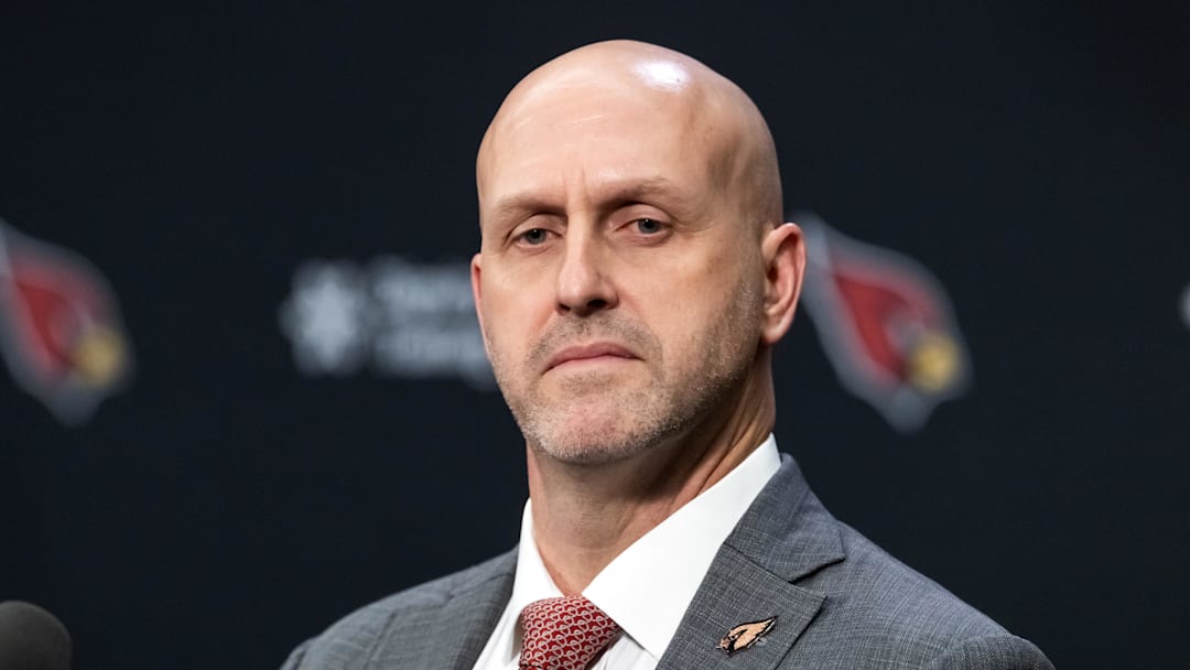 Feb 3, 2026; Tempe, AZ, USA; Arizona Cardinals general manager Monti Ossenfort at a press conference at the Cardinals training facility. Mandatory Credit: Mark J. Rebilas-Imagn Images