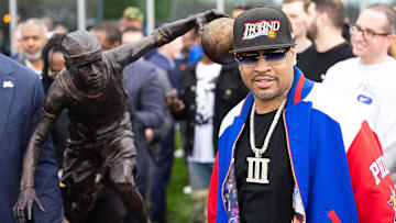 Apr 12, 2024; Camden, NJ, USA; Philadelphia 76ers great Allen Iverson during the unveiling of the statue honoring him in a ceremony at the Philadelphia 76ers Training Complex. Mandatory Credit: Bill Streicher-Imagn Images