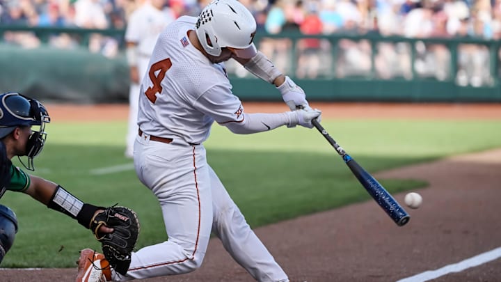 Jun 17, 2022; Omaha, NE, USA; Texas Longhorns catcher Silas Ardoin (4) at bat in the second inning against the Notre Dame Fighting Irish at Charles Schwab Field. Jun 17, 2022; Omaha, NE, USA; Texas Longhorns catcher Silas Ardoin (4) at bat in the second inning against the Notre Dame Fighting Irish at Charles Schwab Field.