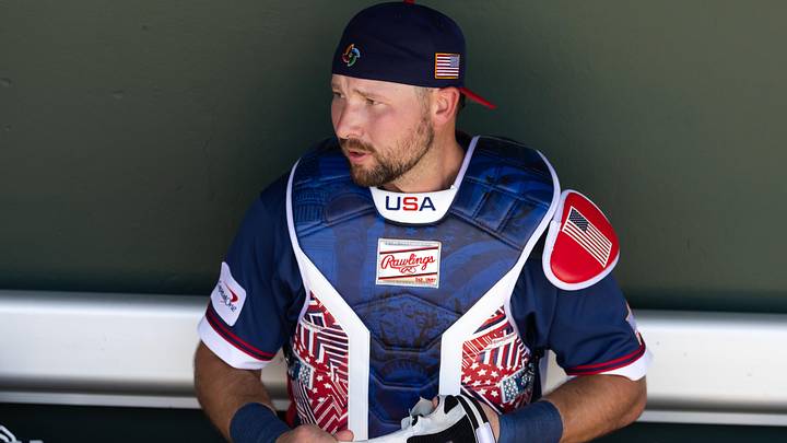 Mar 3, 2026; Scottsdale, AZ, USA; Team USA catcher Cal Raleigh against the San Francisco Giants during a spring training game at Scottsdale Stadium. Mandatory Credit: Mark J. Rebilas-Imagn Images