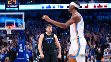 May 18, 2024; Dallas, Texas, USA;  Dallas Mavericks guard Luka Doncic (77) reacts in front of Oklahoma City Thunder guard Shai Gilgeous-Alexander (2) during the second half in game six of the second round of the 2024 NBA playoffs at American Airlines Center. Mandatory Credit: Kevin Jairaj-USA TODAY Sports