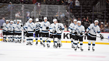 Sep 29, 2024; Denver, Colorado, USA; The Utah Hockey Club celebrates after a win against the Colorado Avalanche at Ball Arena. Mandatory Credit: Christopher Hanewinckel-Imagn Images