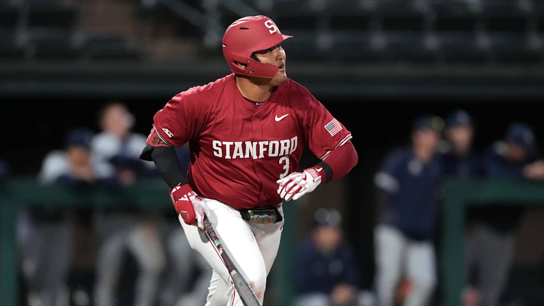 Mar 1, 2025; Stanford, CA, USA; Stanford Cardinal first baseman Rintaro Sasaki (3) runs to first base during the fourth inning against the Xavier Musketeers at Sunken Diamond. Mandatory Credit: Darren Yamashita-Imagn Images