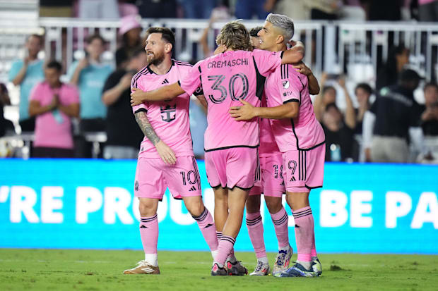 Inter Miami players celebrate after scoring a goa