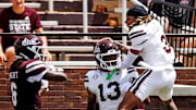 Mississippi State wide receivers Sanfrisco Magee (13) and Mississippi State Anthony Evans III (3) during the 2025 spring game at Davis Wade Stadium at Scott Field in Starkville, Miss.