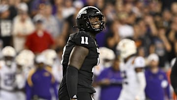 Oct 26, 2024; College Station, Texas, USA; Texas A&M Aggies defensive lineman Nic Scourton (11) reacts against the LSU Tigers during the fourth quarter. The Aggies defeated the Tigers 38-23; at Kyle Field. Mandatory Credit: Maria Lysaker-Imagn Images.  