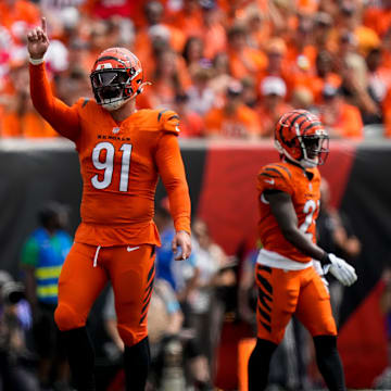 Sep 8, 2024; Cincinnati, Ohio, USA; Cincinnati Bengals defensive end Trey Hendrickson (91) celebrates after a false start penalty on the Patriots in the first quarter of the NFL Week 1 game between the Cincinnati Bengals and the New England Patriots at Paycor Stadium. Mandatory Credit: Sam Greene/USA TODAY Network via Imagn Images