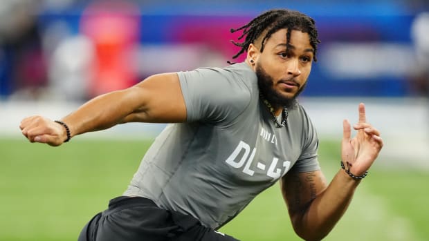 Western Michigan defensive lineman Marshawn Kneeland (DL41) works out during the 2024 NFL Combine