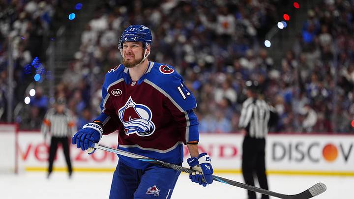 May 22, 2026; Denver, Colorado, USA; Colorado Avalanche right wing Valeri Nichushkin (13) skates down ice during the first period against the Vegas Golden Knights in game two of the Western Conference Final of the 2026 Stanley Cup Playoffs at Ball Arena. Mandatory Credit: Ron Chenoy-Imagn Images